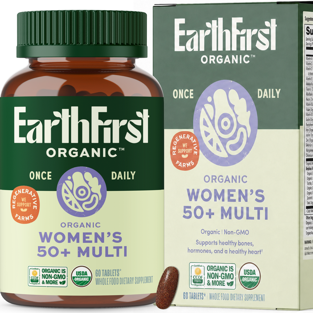 Bottle of EarthFirst Organic Women's 50+ Multivitamin Once Daily with 60 tablets, featuring a colorful label and health-focused design.