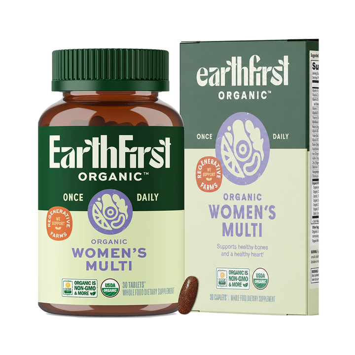 EarthFirst Organic Women's Multivitamin bottle with 30 tablets, dietary supplement for daily health support.