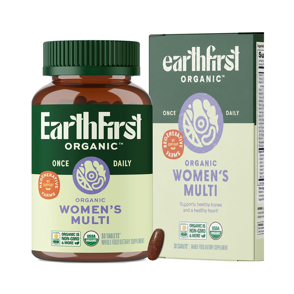 EarthFirst Organic Women's Multivitamin bottle with 30 tablets, dietary supplement for daily health support.