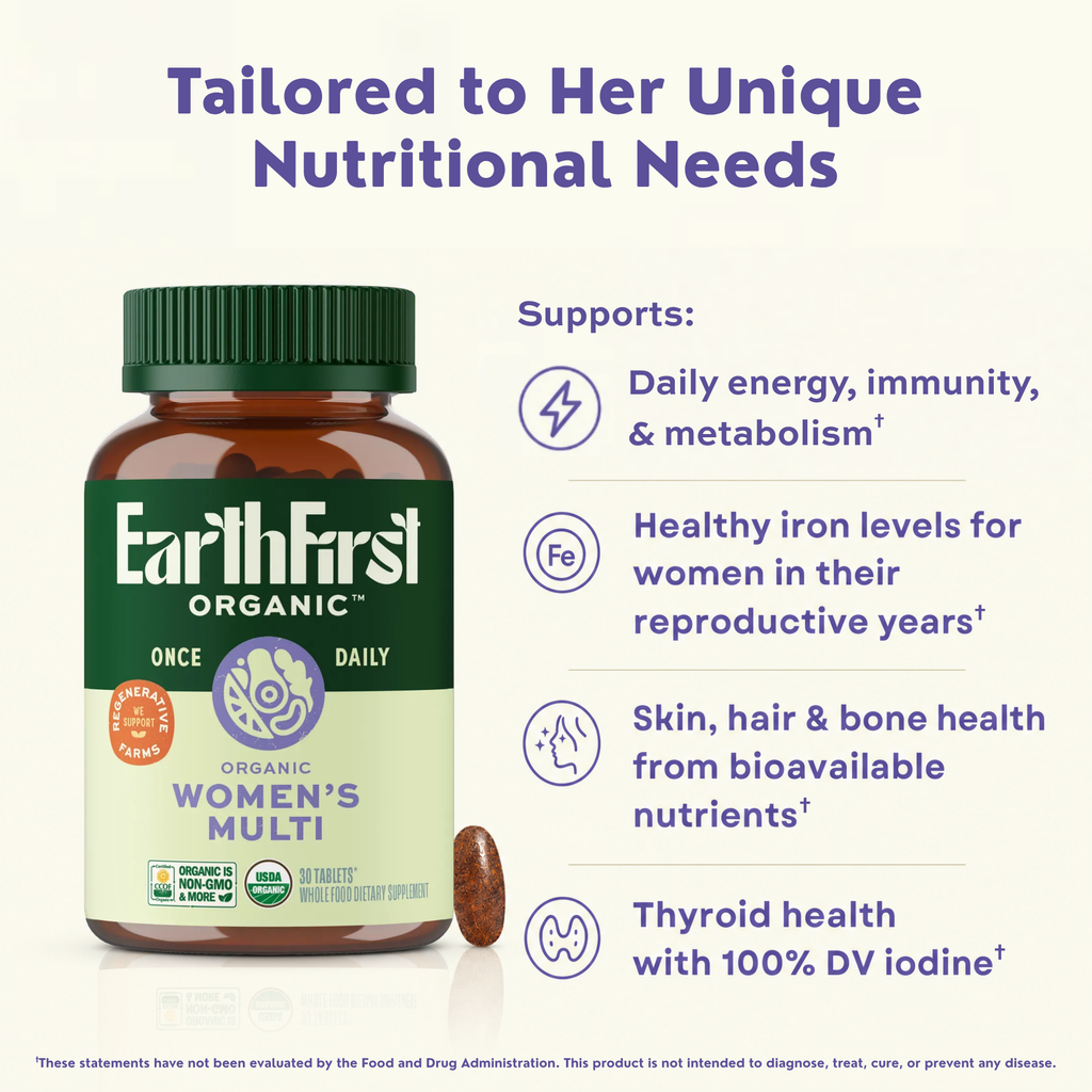 Bottle of EarthFirst Organic Women's Multivitamin Once Daily with 30 capsules, showcasing natural ingredients and health benefits.