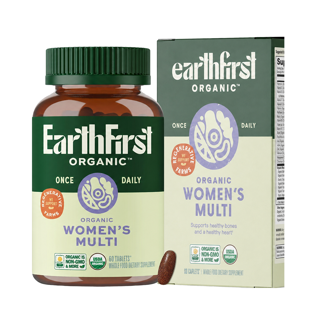 Bottle of EarthFirst Organic Women's Multivitamin Once Daily supplement with 60 tablets, featuring colorful packaging and product label.