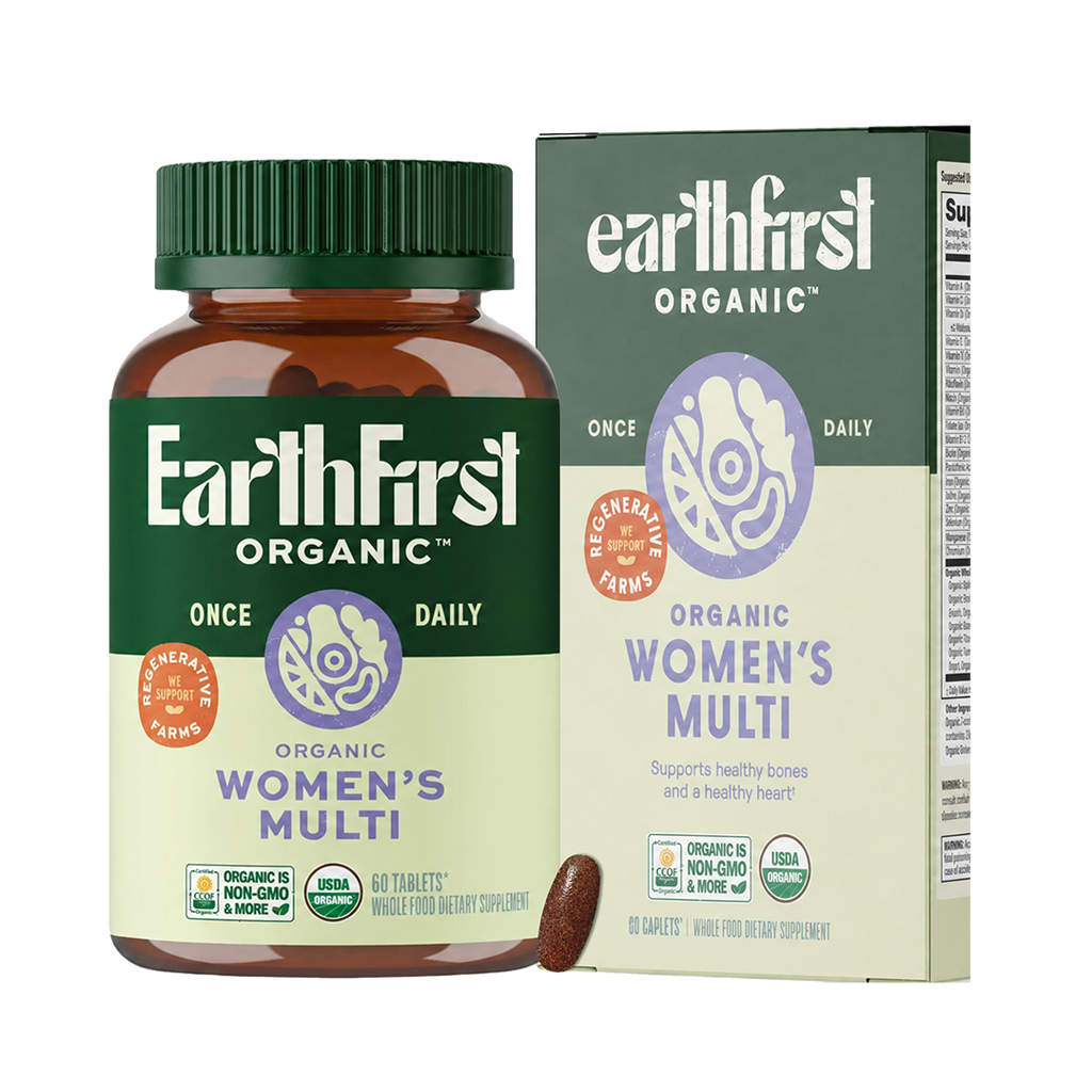 Bottle of EarthFirst Organic Women's Multivitamin Once Daily supplement with 60 tablets, featuring colorful packaging and product label.