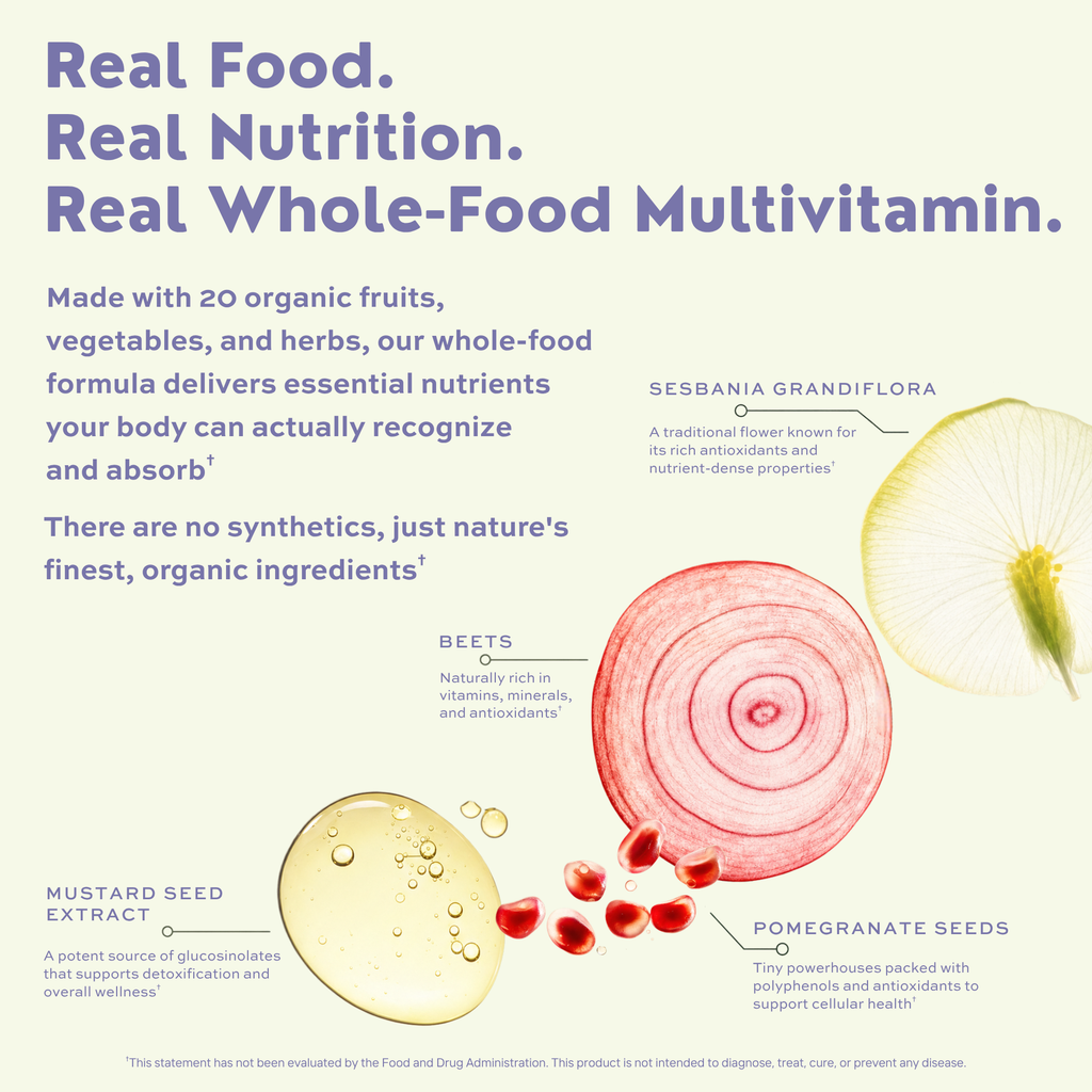 EarthFirst Organic Women's Multivitamin supplement facts bottle showing labels and capsules, a whole-food daily multivitamin for women.