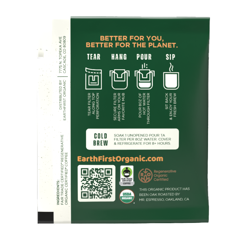 EarthFirst Organic regenerative organic certified medium-dark coffee sachet bundle with individually packaged coffee pouches.