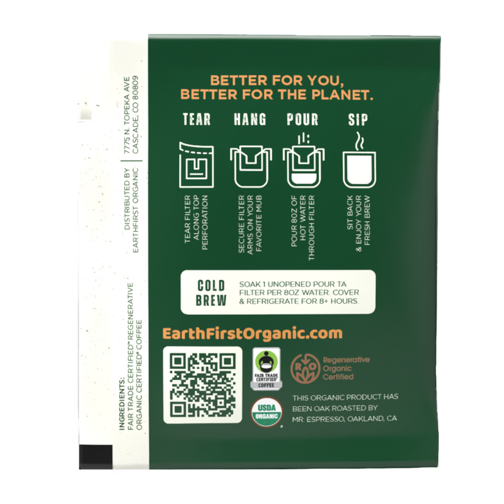 EarthFirst Organic regenerative organic certified medium-dark coffee sachet bundle with individually packaged coffee pouches.