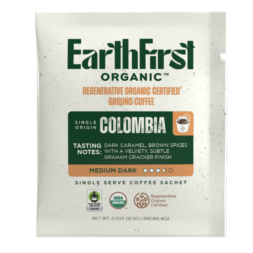 EarthFirst Organic regenerative organic certified medium-dark coffee sachet bundle showing individual coffee sachets on a white background.