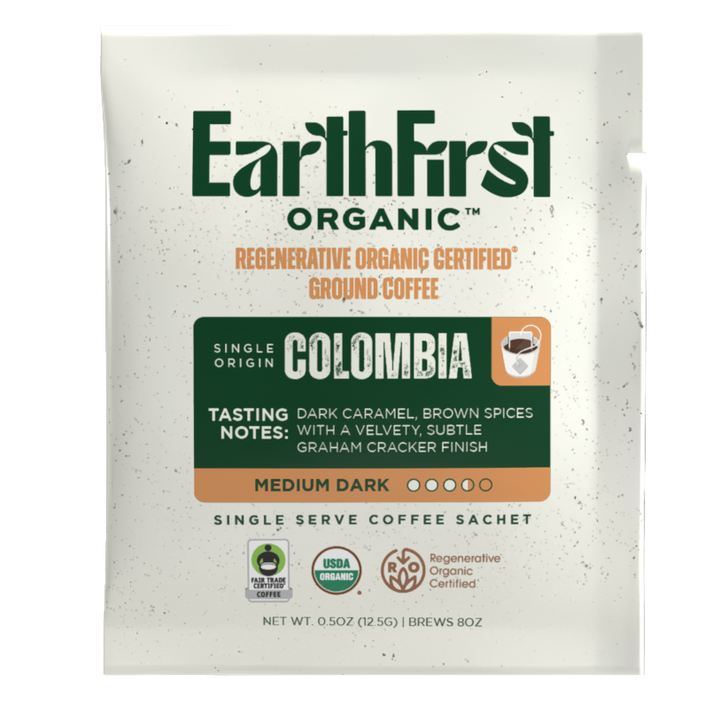 EarthFirst Organic regenerative organic certified medium-dark coffee sachet bundle showing individual coffee sachets on a white background.