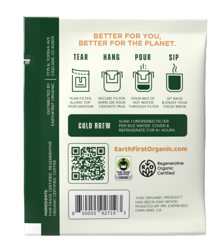 EarthFirst Organic regenerative organic certified medium-dark coffee pour over bundle with coffee dripper and filters, ready for brewing