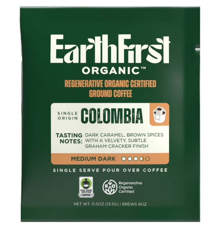 EarthFirst Organic regenerative organic certified medium-dark coffee pour over bundle, featuring a coffee bag and pour over accessories.