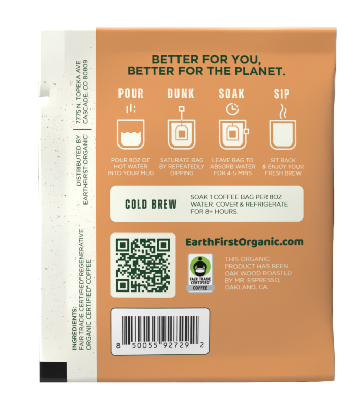 EarthFirst Organic Swiss Water Processed Decaf Coffee Sachet bundle, showing individual coffee sachets with green and white packaging.
