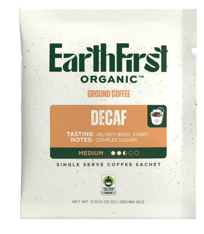 EarthFirst Organic Swiss Water Decaf Coffee Sachet bundle showing individual coffee sachets with eco-friendly packaging and branding.