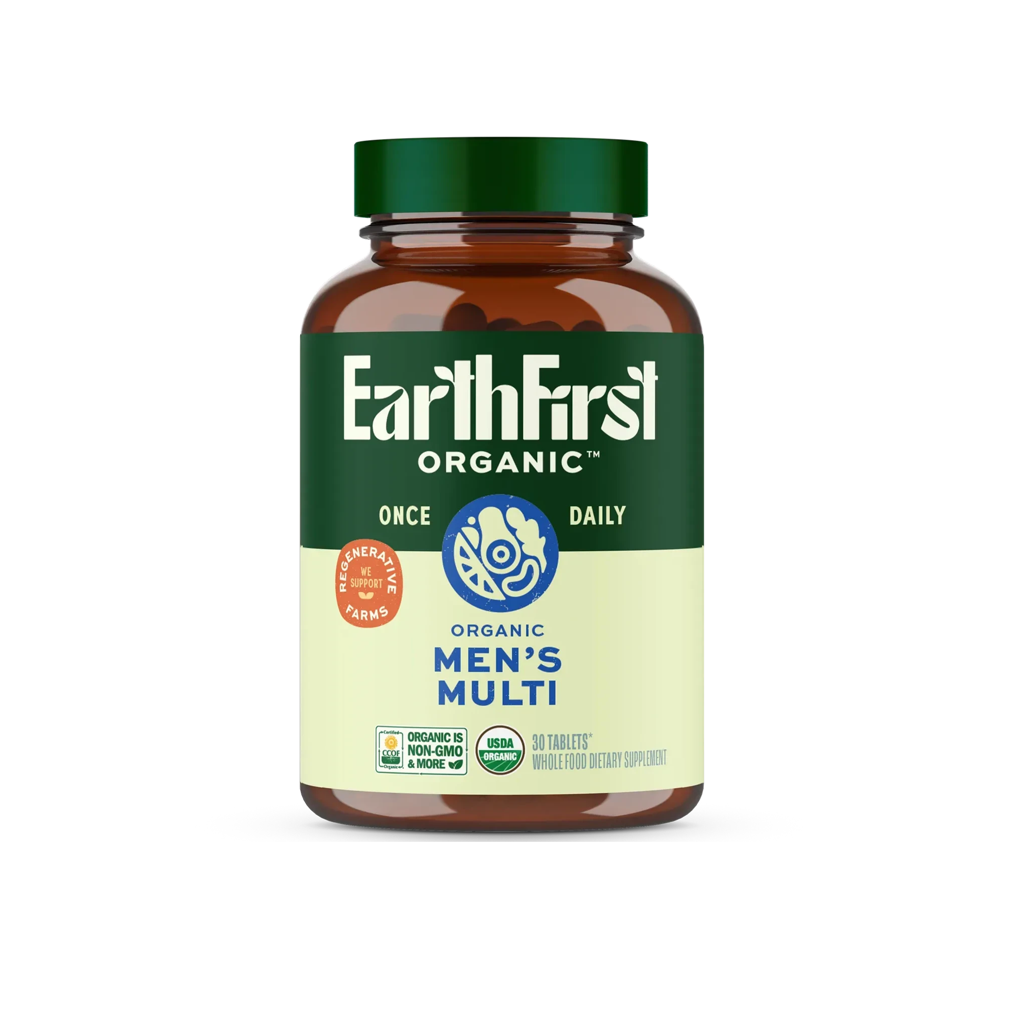 EarthFirst Organic men's multivitamin bottle with capsules, showing the label and supplement details.