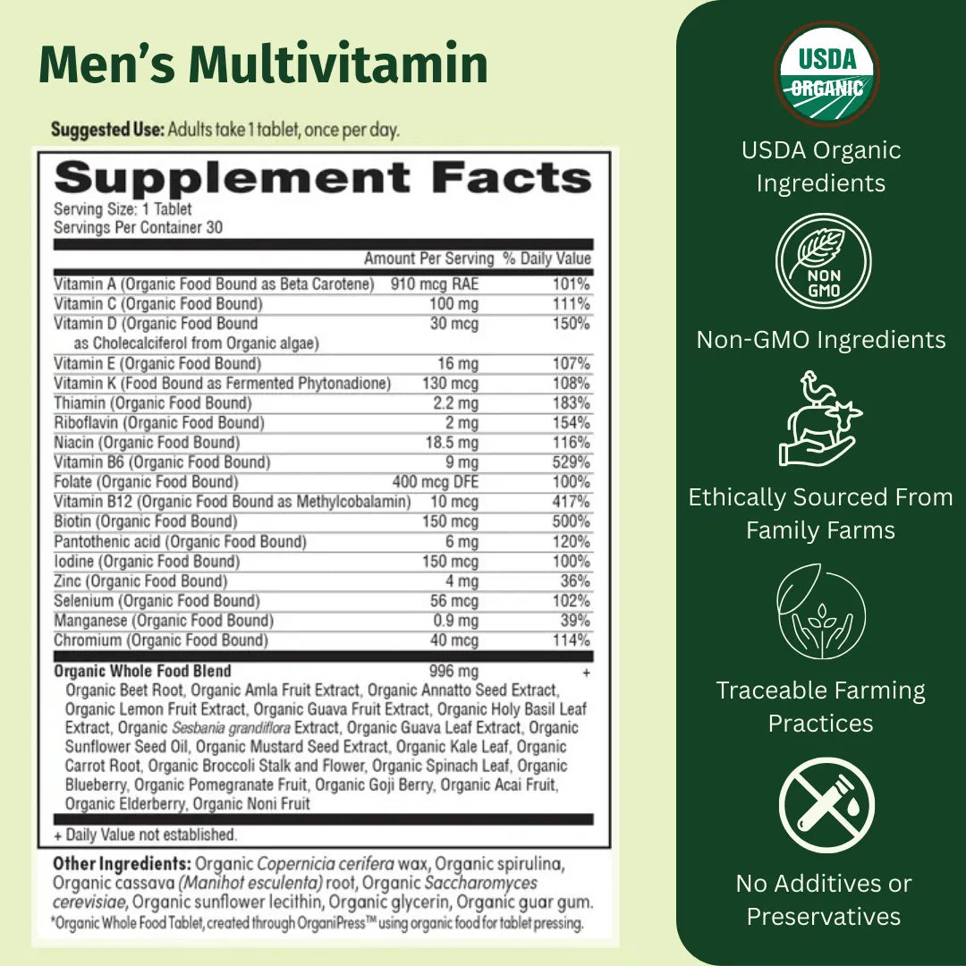 Men's Multi Once Daily with USDA Organic, Non-GMO ingredients, sourced from family farms, no additives or preservatives.