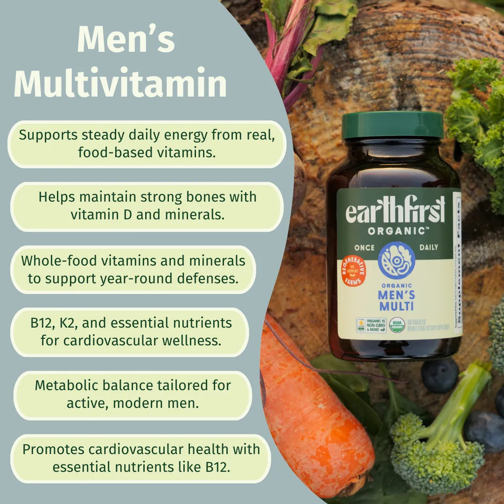 Men's Multi Once Daily bottle surrounded by fresh vegetables and fruits, supports energy, bone health, and cardiovascular ...