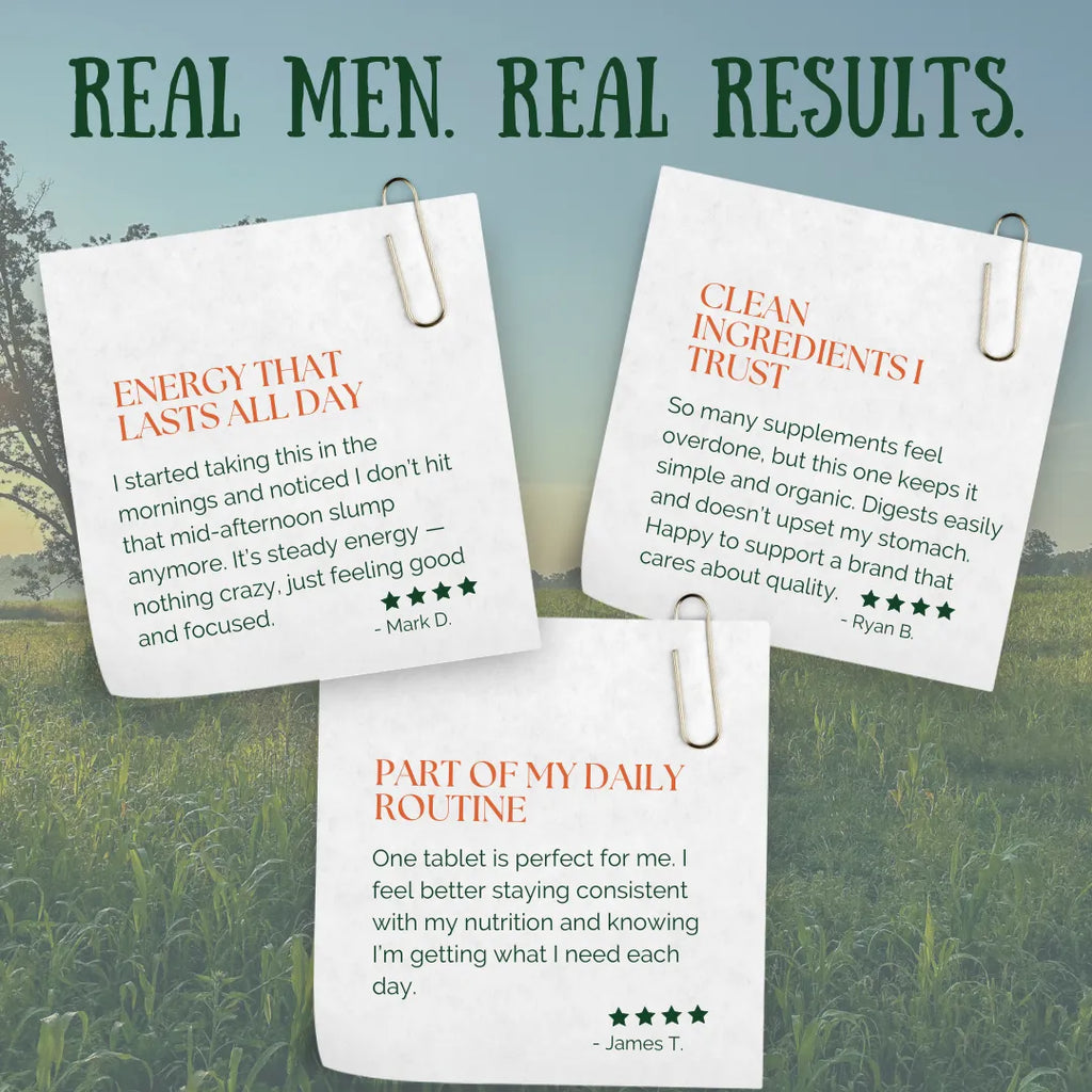 Men's Multi Once Daily tablets with testimonials highlighting energy boost, clean ingredients, and easy daily routine inte...