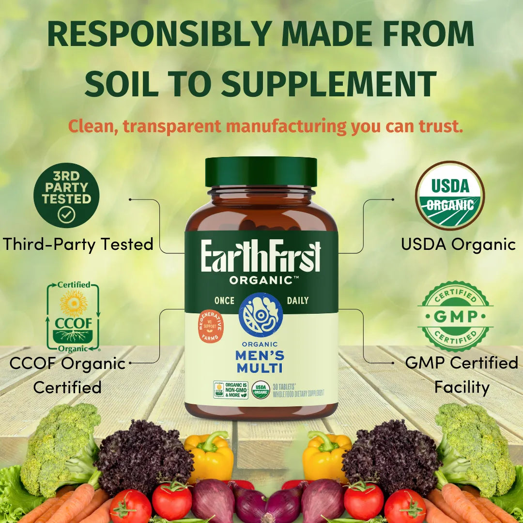Men's Multi Once Daily bottle surrounded by fresh vegetables, highlighting USDA Organic and GMP Certified features.