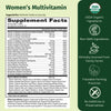 Women's Multi Once Daily supplement facts with USDA Organic, Non-GMO, ethically sourced ingredients, and no additives.