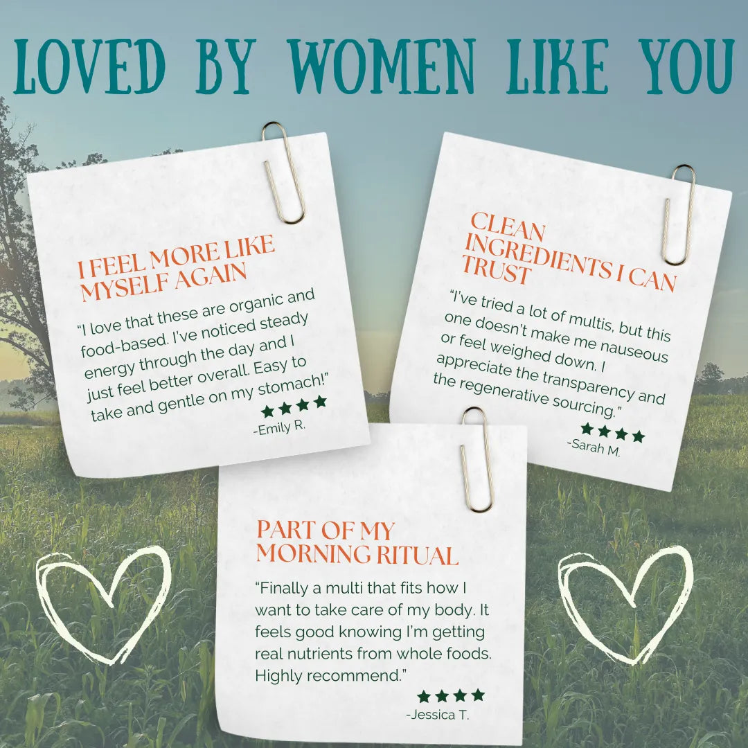 Women's Multi Once Daily with clean, organic ingredients, praised for transparency and gentle on the stomach, loved by women.