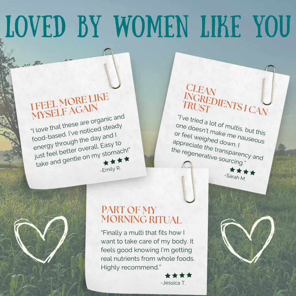 Women's Multi Once Daily with clean, organic ingredients, praised for transparency and gentle on the stomach, loved by women.