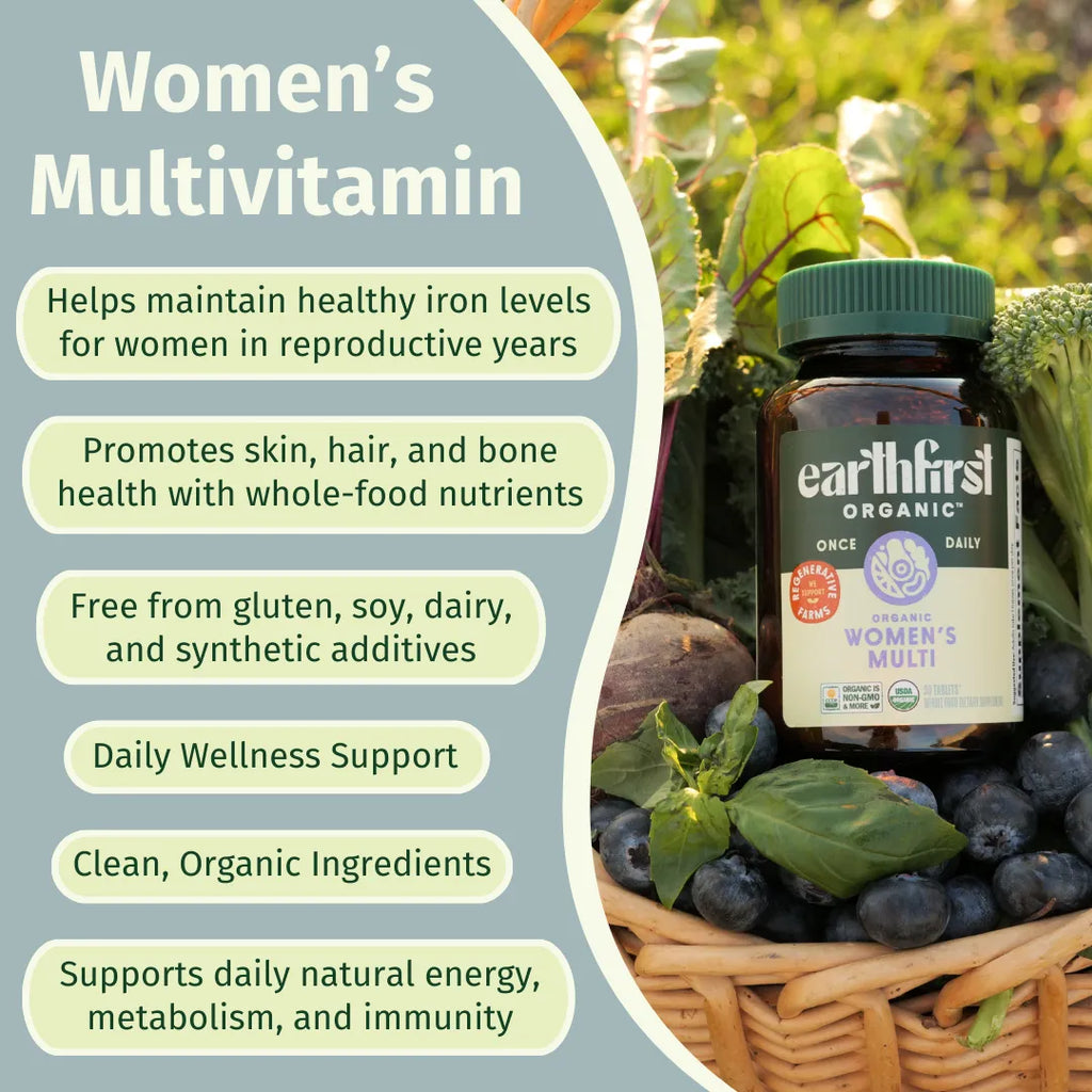 Women's Multi Once Daily bottle with organic label, surrounded by fresh fruits and vegetables in a wicker basket.