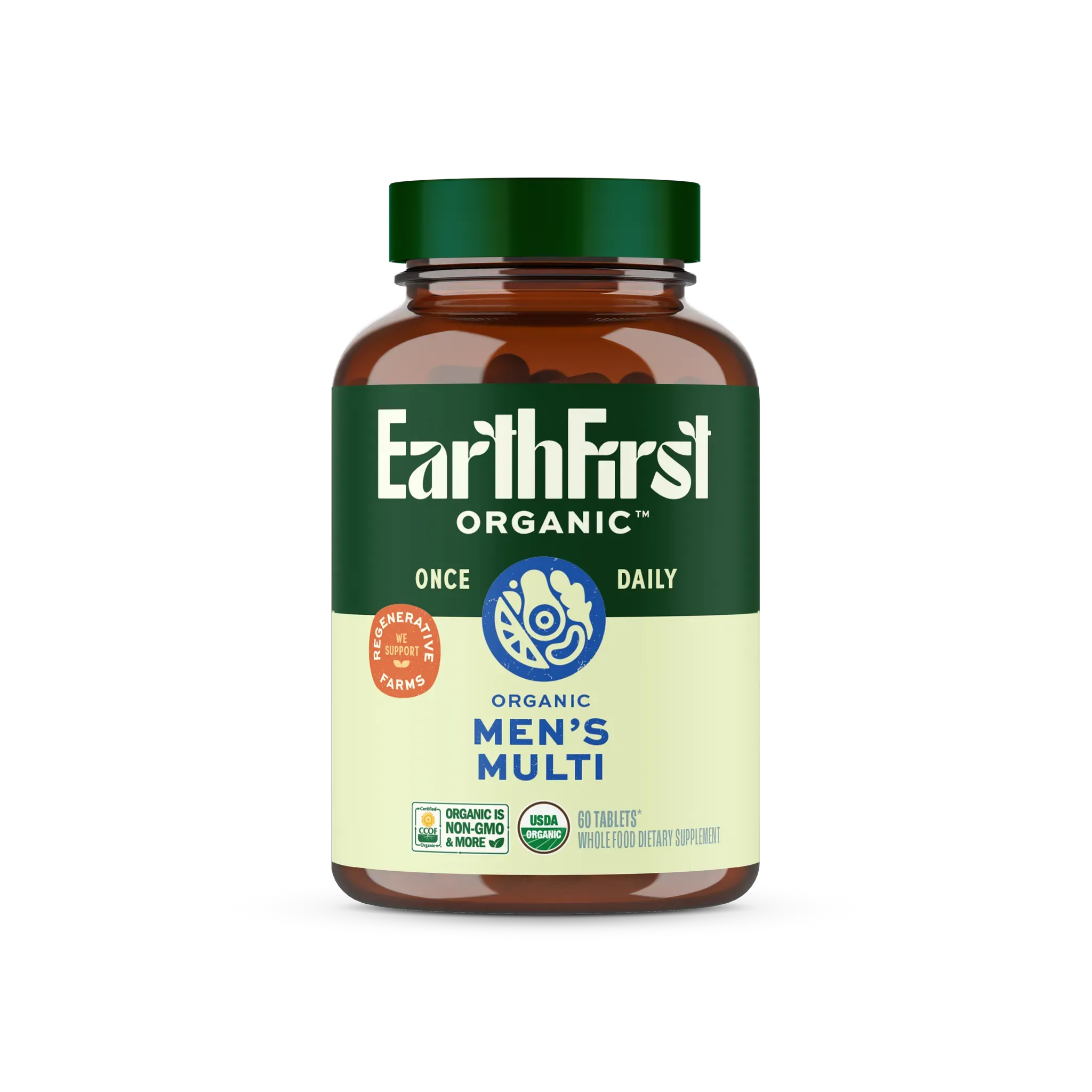 EarthFirst Organic Men's Multi Once Daily vitamins in a brown bottle, featuring 60 tablets, non-GMO certified.