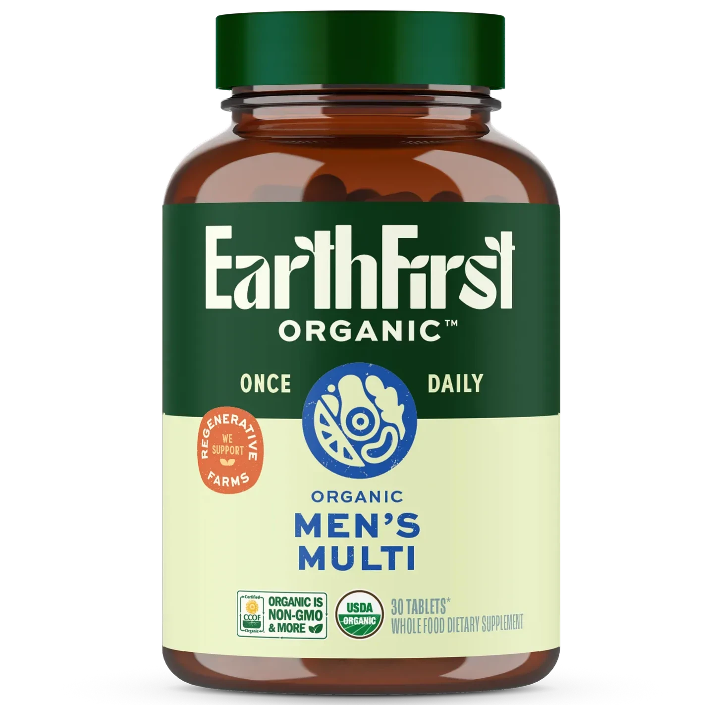 EarthFirst Organic Men's Multi Once Daily supplement bottle with green cap, non-GMO label, and 90 tablets for daily nutrit...