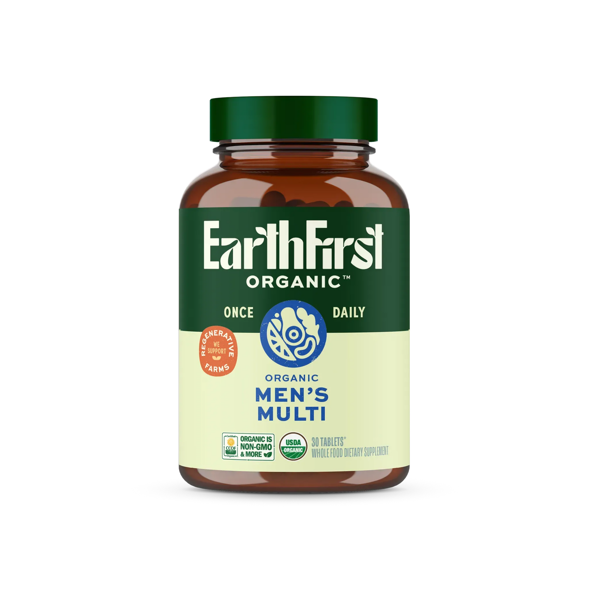 EarthFirst Organic Men's Multi Once Daily supplement bottle with green cap, non-GMO label, and 90 tablets for daily nutrit...
