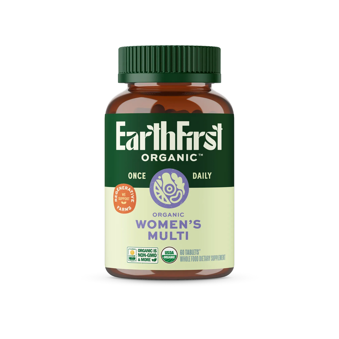 Women's Multi Once Daily supplement bottle with green cap, featuring organic ingredients and non-GMO certification.