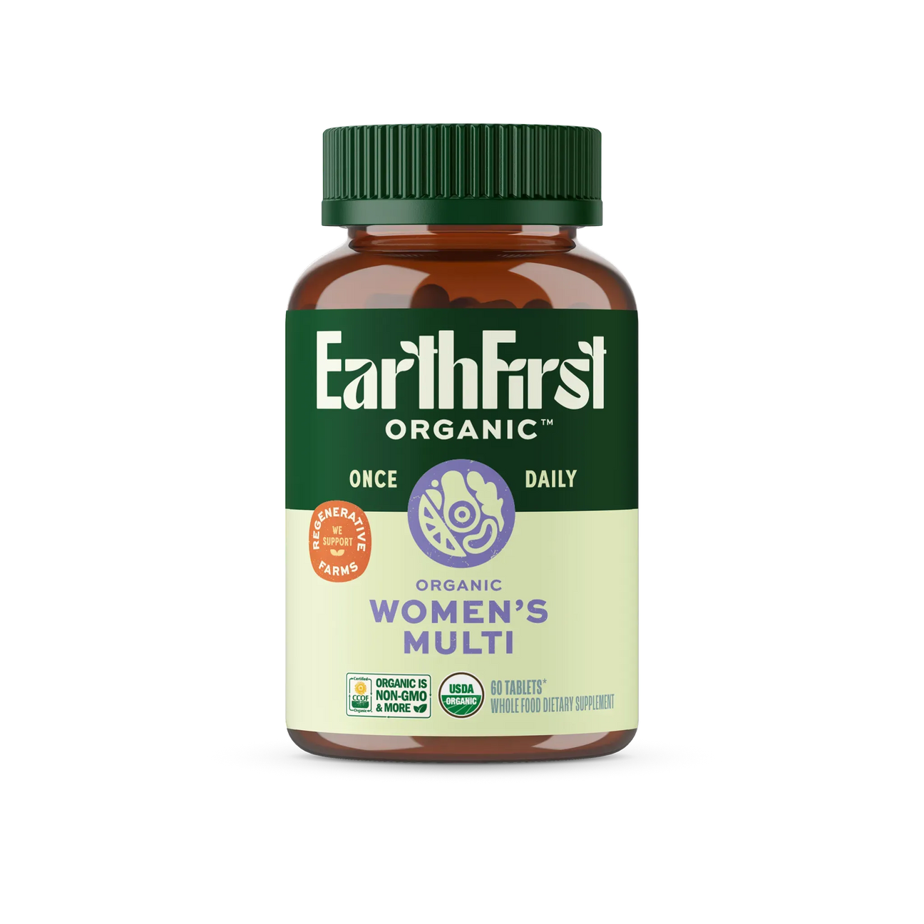 Women's Multi Once Daily supplement bottle with green cap, featuring organic ingredients and non-GMO certification.