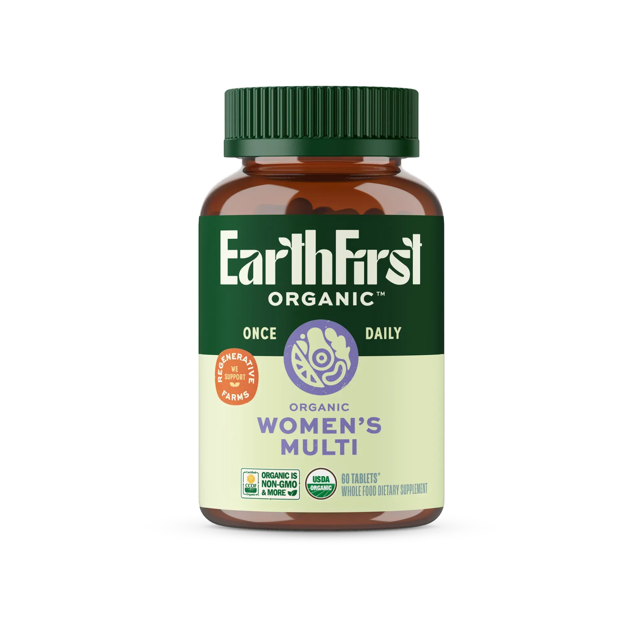 Women's Multi Once Daily supplement bottle with green cap, featuring organic ingredients and non-GMO certification.