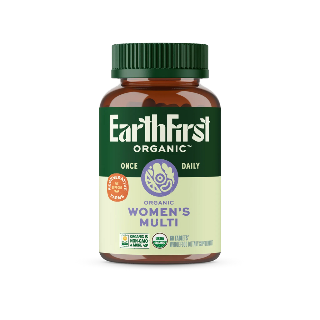 Women's Multi Once Daily supplement bottle with green cap, featuring organic ingredients and non-GMO certification.