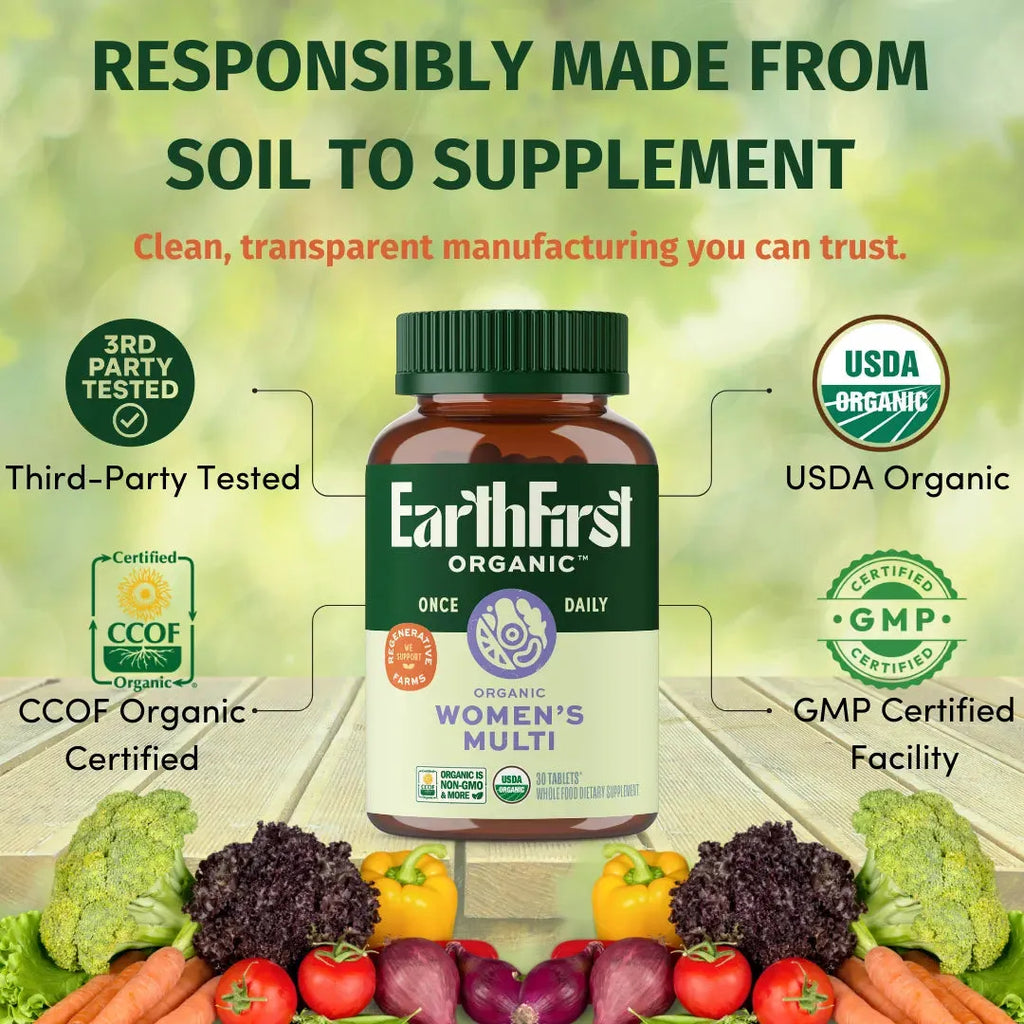 EarthFirst Organic Women's Multi Once Daily, USDA and CCOF Organic, GMP certified, surrounded by fresh vegetables.