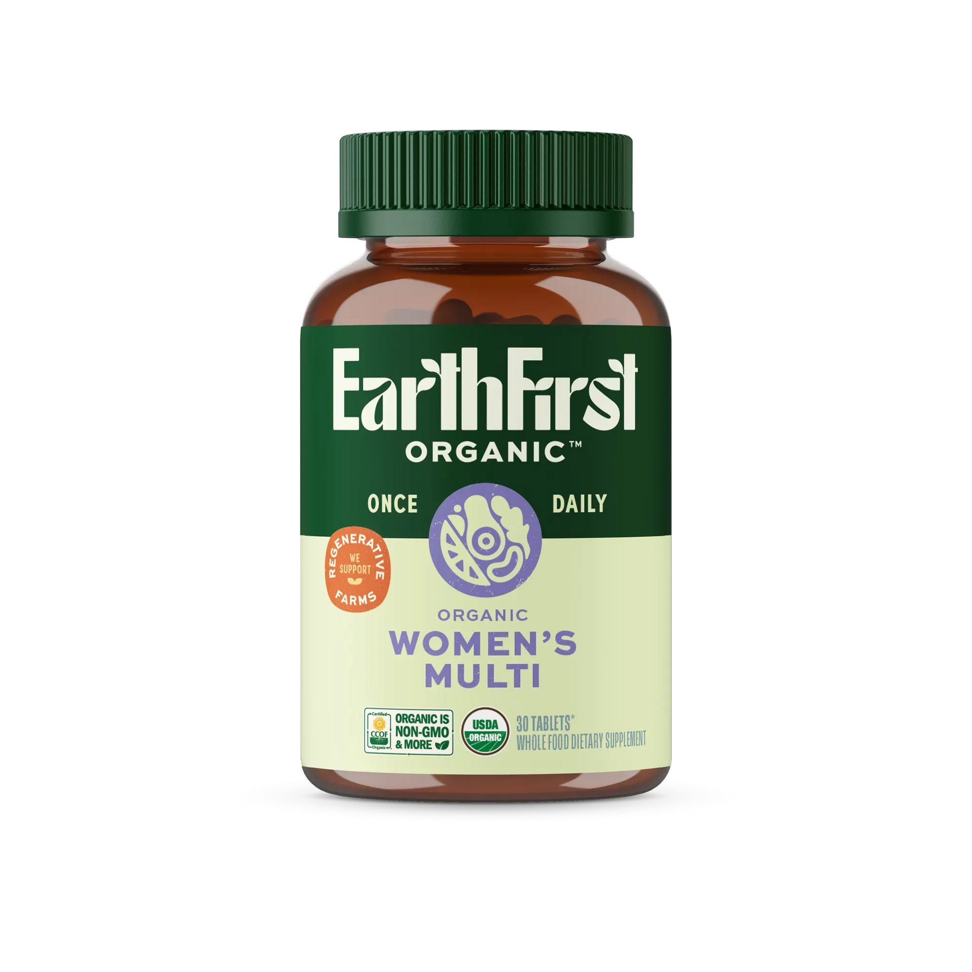 EarthFirst Organic Women's Multi Once Daily bottle with green cap, promoting natural ingredients and daily health support.