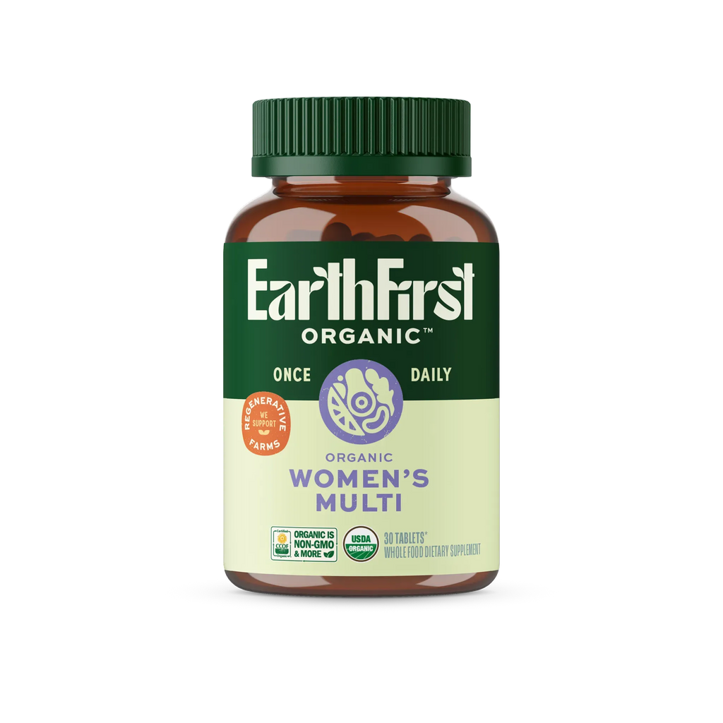 EarthFirst Organic Women's Multi Once Daily bottle with green cap, promoting natural ingredients and daily health support.